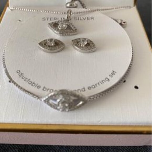 Complete set of 100% silver evil eye set earrings, bracelet, necklace with chain - Picture 1 of 3